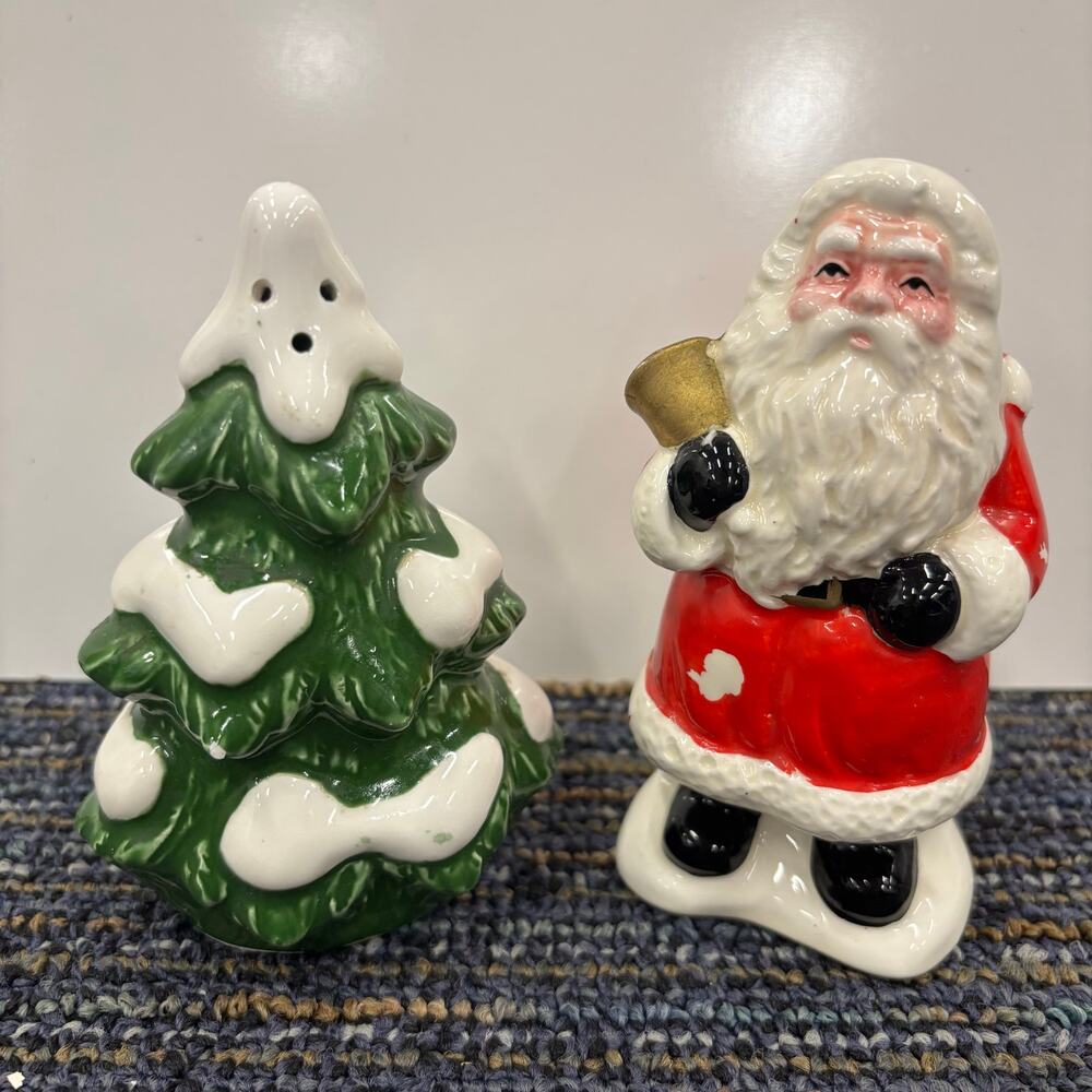 Vintage Hand Painted Santa & Christmas Tree Salt Pepper Shakers Ceramic Set